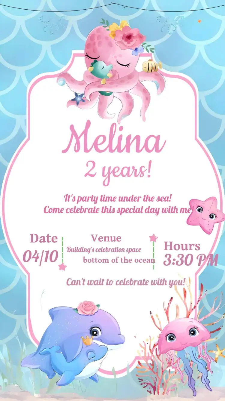 Invitation Under the Sea Pink Girl – Kids' Birthday Party theme under the sea, pastel colors, playful style, marine elements, cheerful design, childlike theme