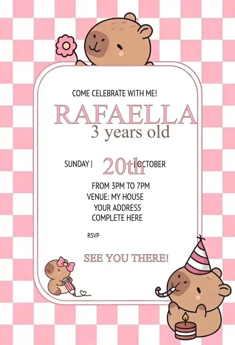 Invitation Capybara girl 1 – Birthday theme pink, childish, fun, colorful, nature-themed, playful