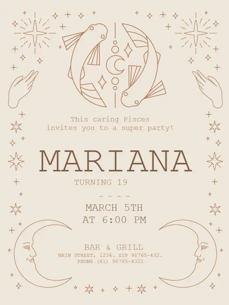 Invitation Beige Pisces Signs – Kids' Birthday Party theme mystical, delicate, light beige, stars, moon, astrological theme