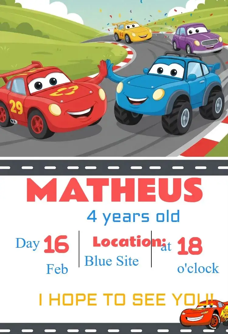 Invitation Car Invitation – Kids' Birthday Party theme colorful, fun, themed, automotive, childlike
