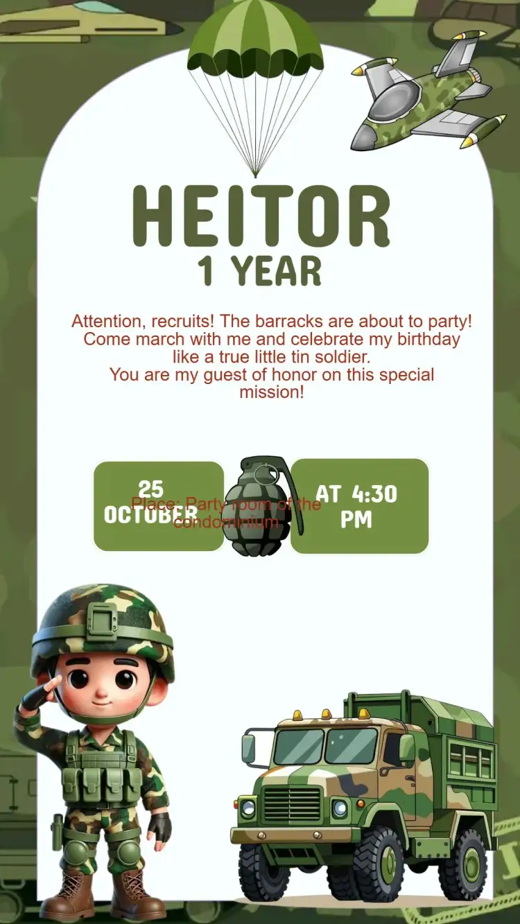 Invitation Soldier Birthday Invitation (Army) – Kids' Birthday Party theme military, olive green, camouflage, adventurer, funny, themed