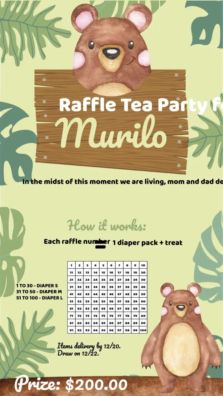 Invitation Tea Raffle Little Bear 100 – Raffle Tea theme teddy bear, forest, safari, brown and green, childish, fun