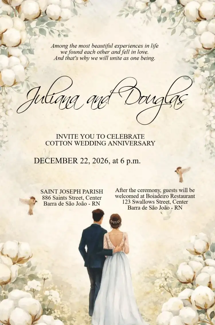Wedding Watercolor Invitation Cotton Anniversary Editable Bride and Groom