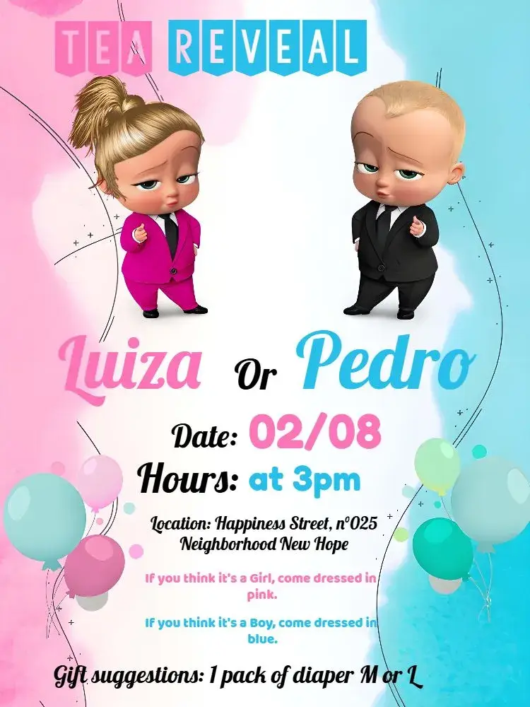 Invite Powerful Boss Baby and Powerful Boss Girl White Reveal Tea editable and customizable