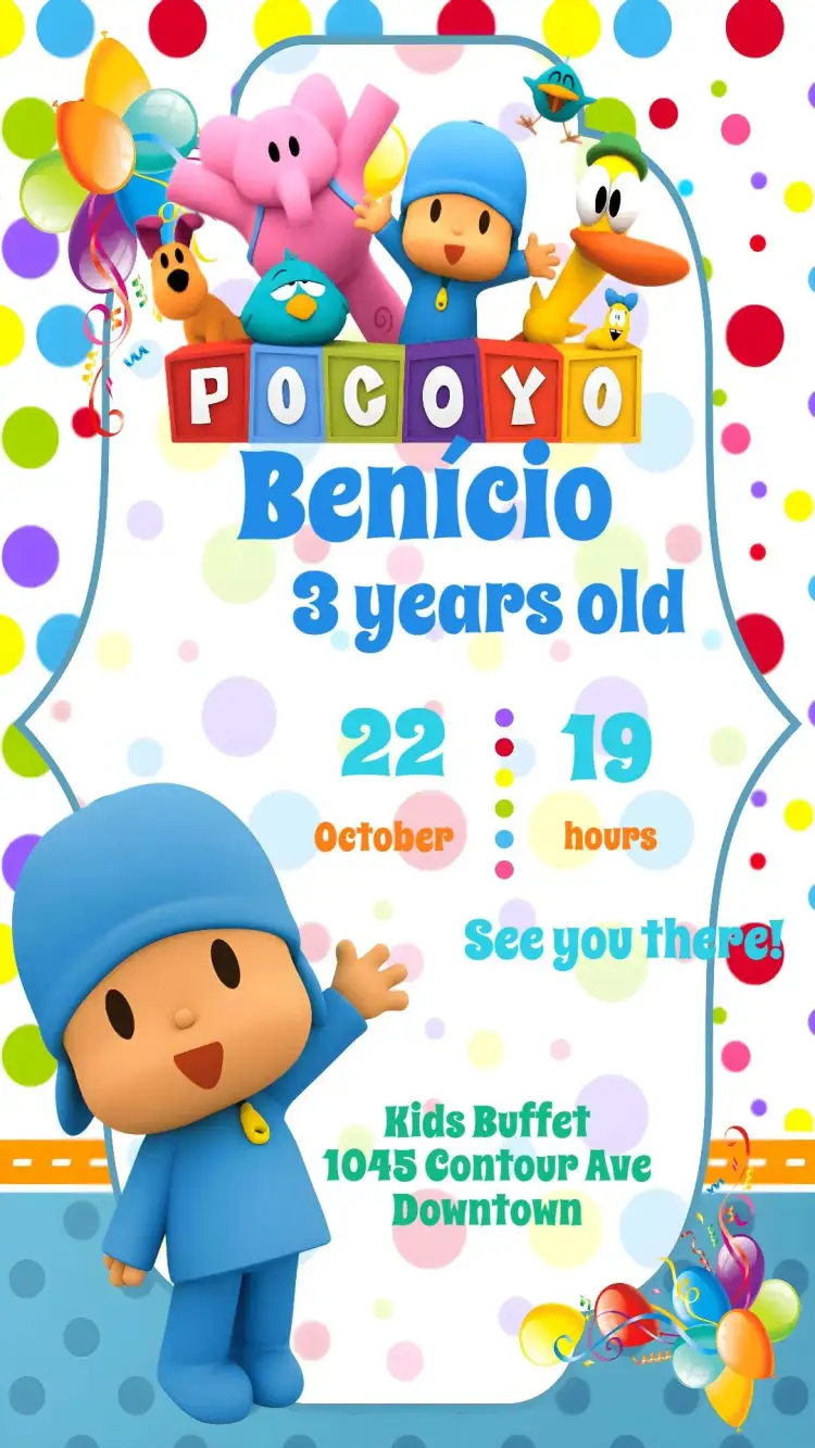 Invitation Pocoyo – Kids' Birthday Party theme colorful, fun, childish, playful, lively