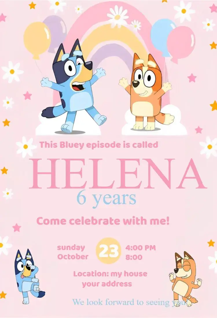Invitation Bluey girl – Kids' Birthday Party theme pink, fun, modern, playful, colorful, childish
