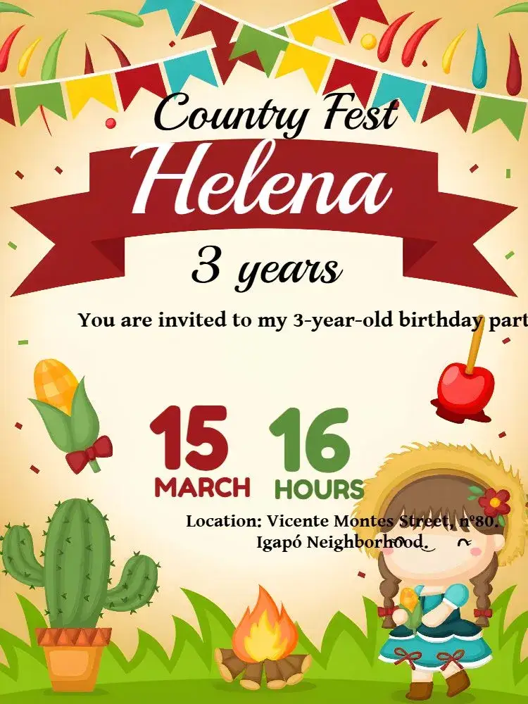 Invitation Junina Party Arraiá Cake – Commemorative Dates theme colorful, vibrant, June-themed, traditional, rustic, festive