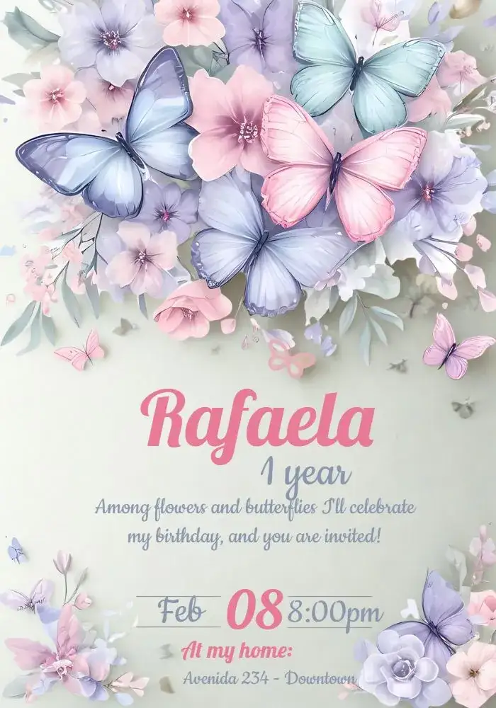 Invitation Butterfly Garden Kids Party – Commemorative Dates theme floral, colorful, delicate, kids, natural, joyful