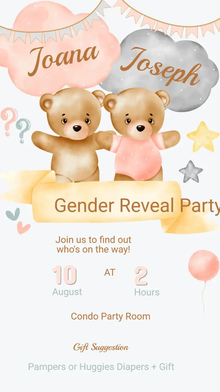 Invitation Teddy Bear Gender Reveal Invitation – Gender Reveal theme teddy bear, pastry, fun, cute, childish, minimalist