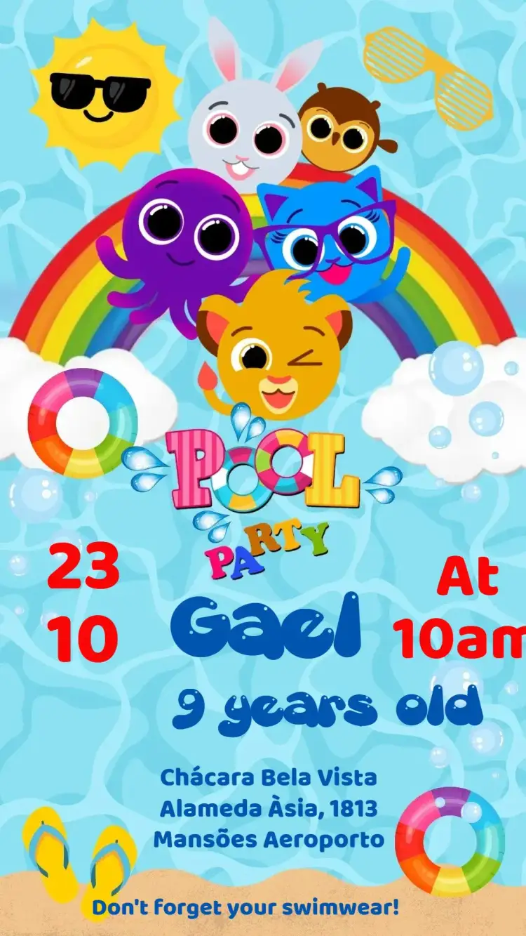 Invitation Bolofofos Pool Party – Kids' Birthday Party theme colorful, fun, tropical, water, summer, lively