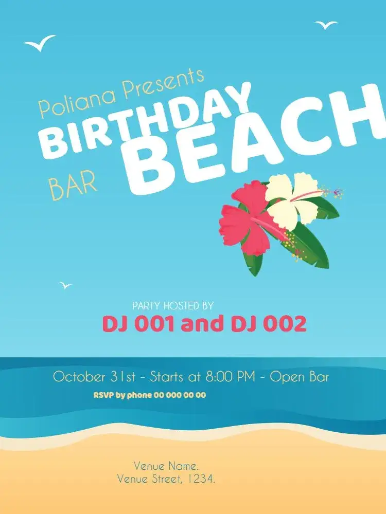 Invitation Beach Celebration – Birthday theme tropical, floral, colorful, vibrant, modern, cheerful