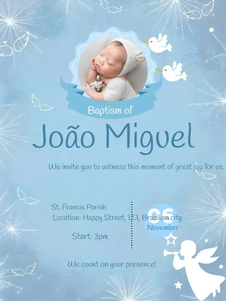 Invitation Baptism With Photo Angels – Baptism theme angels, light blue, classic white, modern, delicate, elegant