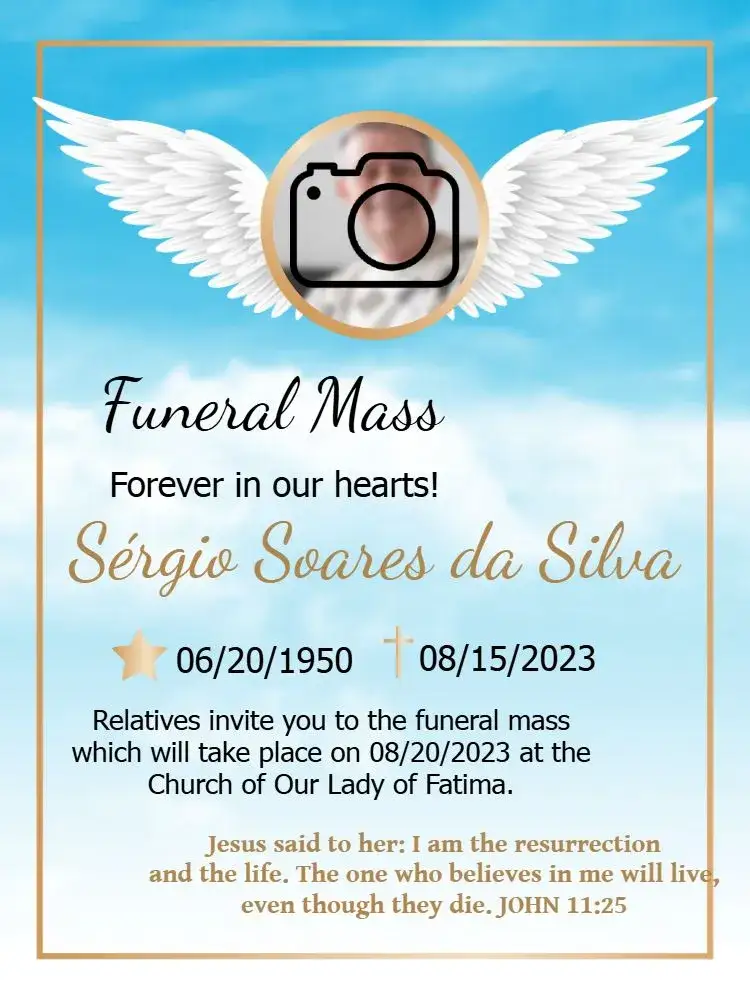 Invitation Seventh Day Mass With Blue Photo – Commemorative Dates theme blue, golden, white, celestial, minimalist
