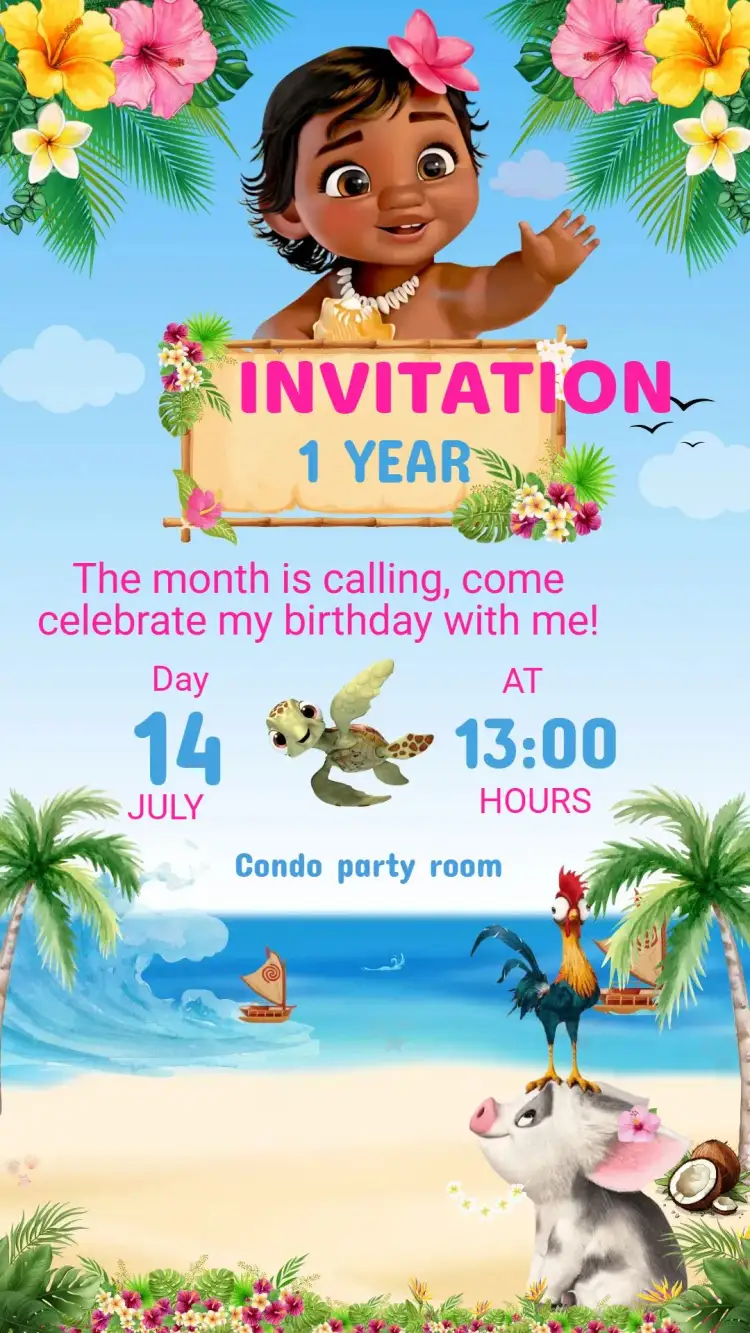Invitation MOANA BABY Birthday Invitation – Kids' Birthday Party theme tropical, vibrant, playful, navy, adventure, colorful