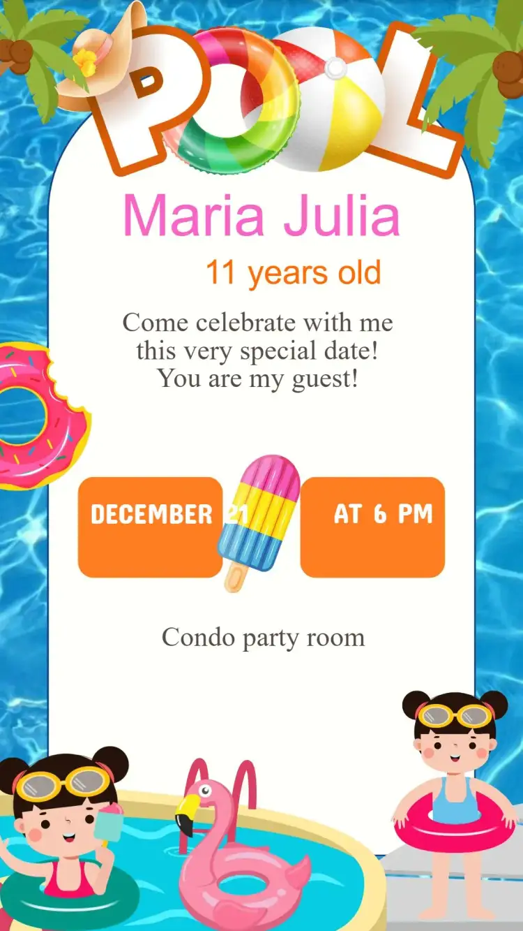 Invitation Invitation Birthday Pool Party – Kids' Birthday Party theme colorful, fun, tropical, aqua, beachy