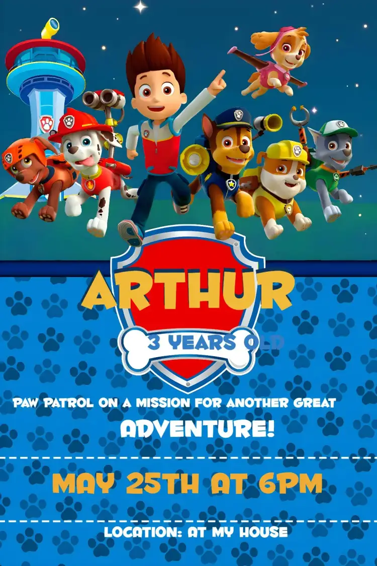Invitation Paw Patrol – Kids' Birthday Party theme vibrant colors, fun style, animal graphics elements, inspired by the series, adventure theme, colorful design