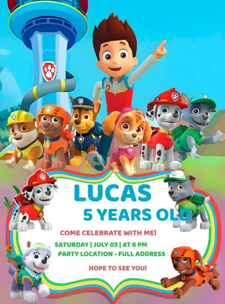 Invitation Colorful Paw Patrol – Kids' Birthday Party theme colorful, childlike, fun, themed, vibrant