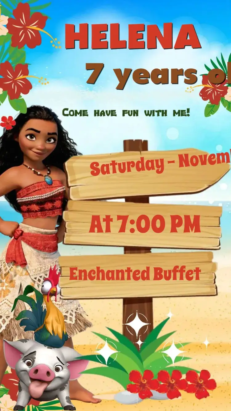 Invitation Moana – Birthday theme tropical, colorful, fun, watercolor, modern, childish-adult