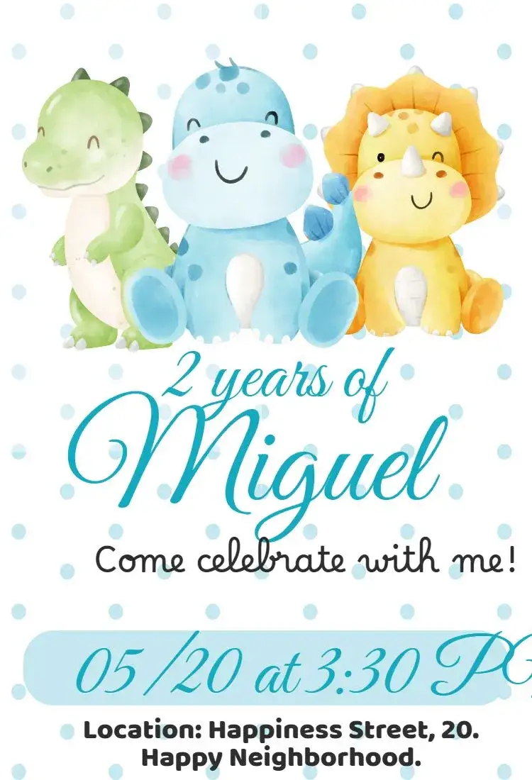 Invitation Dino Baby Watercolor Birthday – Kids' Birthday Party theme aquarela, colorful, playful, fun-filled, themed, childlike