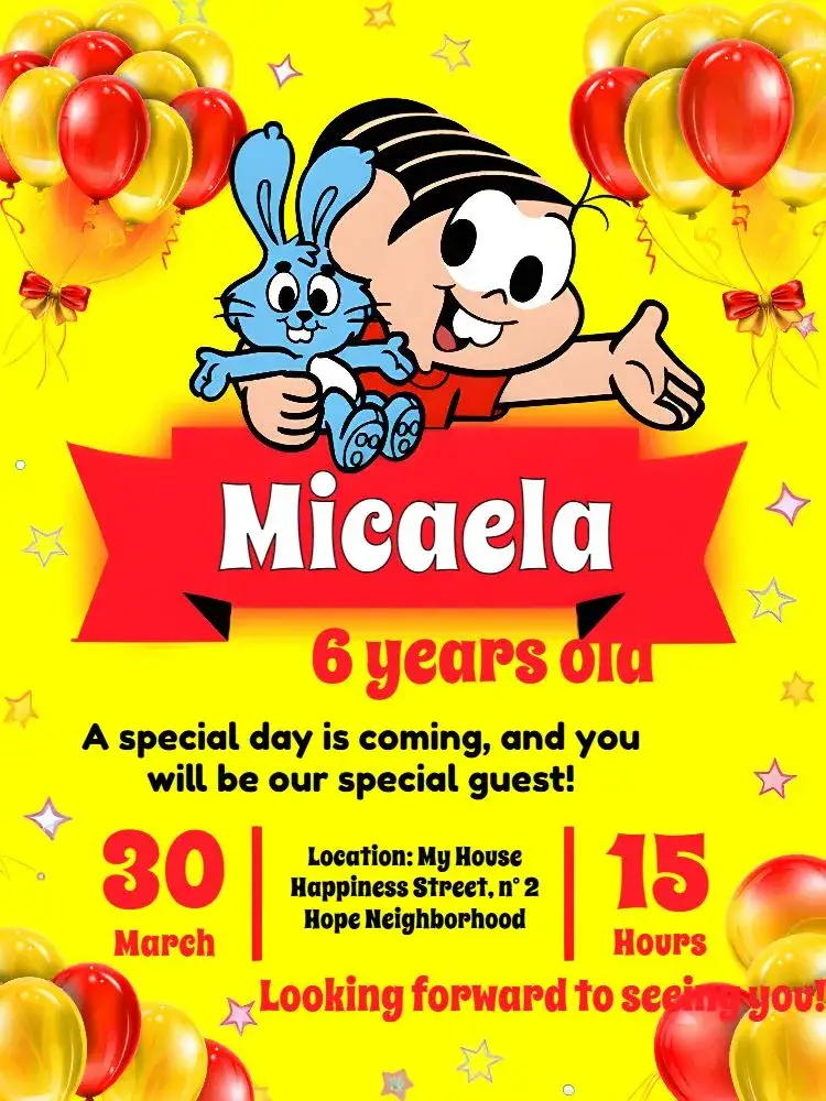 Invitation Turma Da Mônica Red – Kids' Birthday Party theme vibrant red, fun animals, childish illustrations, cartoon style, cheerful design, colorful party