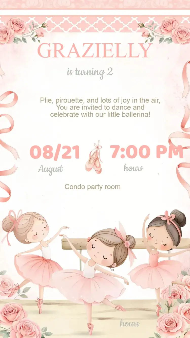 Invitation Invitation Birthday Ballerina – Kids' Birthday Party theme soft colors, floral, modern style, ballet graphic elements, romantic touch, delicate design
