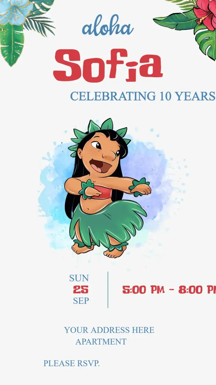 Invitation Lilo – Kids' Birthday Party theme vibrant, tropical, fun-filled, colorful, playful
