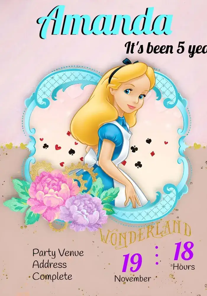 Invitation Flowers In Wonderland Alice – Commemorative Dates theme floral, playful, colorful, vibrant, fantasy