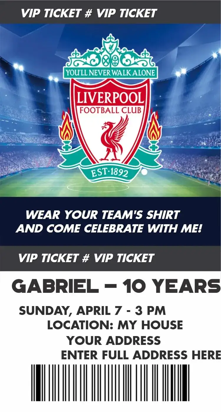 Invitation Liverpool ticket – Birthday theme football, modern, vibrant, sporty, colorful, dynamic