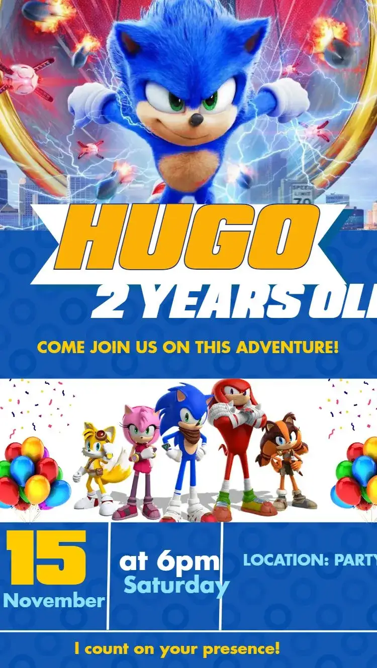 Invitation Sonic – Kids' Birthday Party theme modern, colorful, fun, themed, childlike, lively