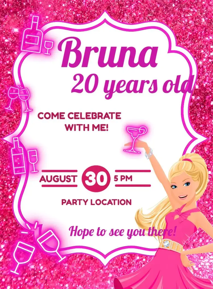 Invitation Barbie Cachaceira Drinks – Birthday theme pink, glittery, modern, fun, themed, bright