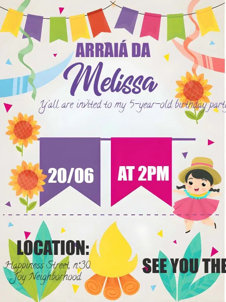 Invitation Festa Junina Arraiá Menina São – Commemorative Dates theme colorful, floral, vintage, festive, themed, lively