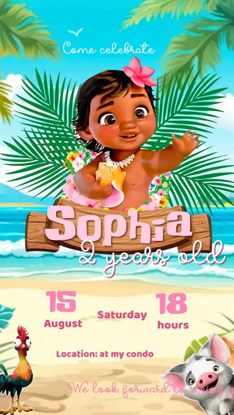 Invitation Moana baby – Kids' Birthday Party theme soft colors, ocean elements, Disney characters, playful style, beach landscapes, touches of pink