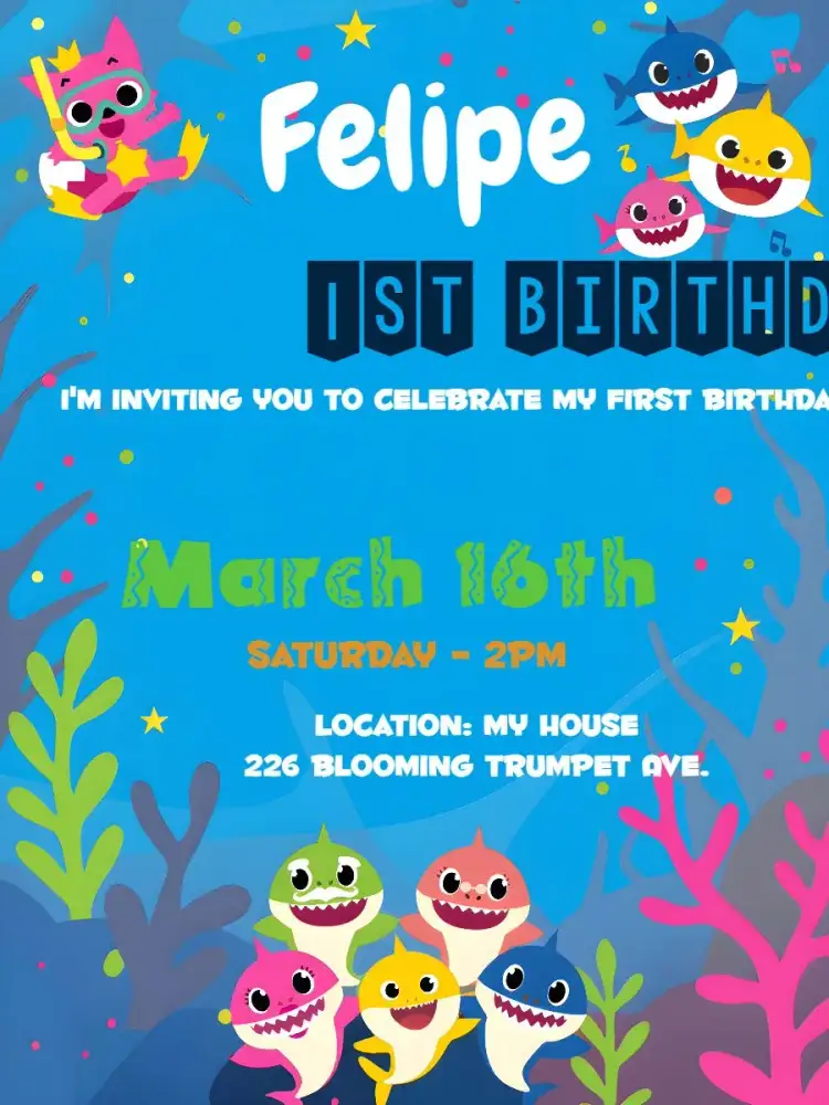 Invitation Baby Shark Fundo – Commemorative Dates theme colorful, under the sea, childish, fun, themed, sailor
