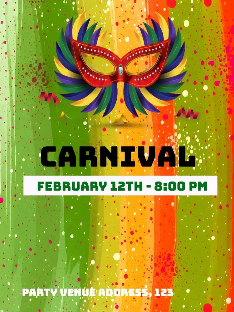 Invitation Carnival Bloquinho – Commemorative Dates theme vibrant purple, masks, colorful confetti, samba, festive style, streamers