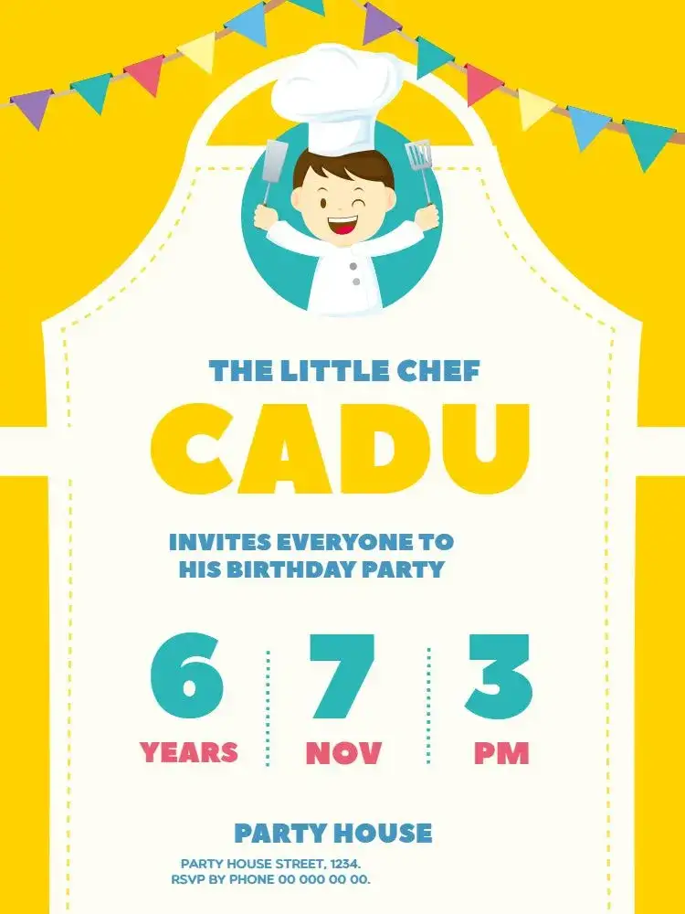 Invitation Chef De Cozinha Celebration – Kids' Birthday Party theme yellow, bunting, culinary, fun-filled, children's, colorful