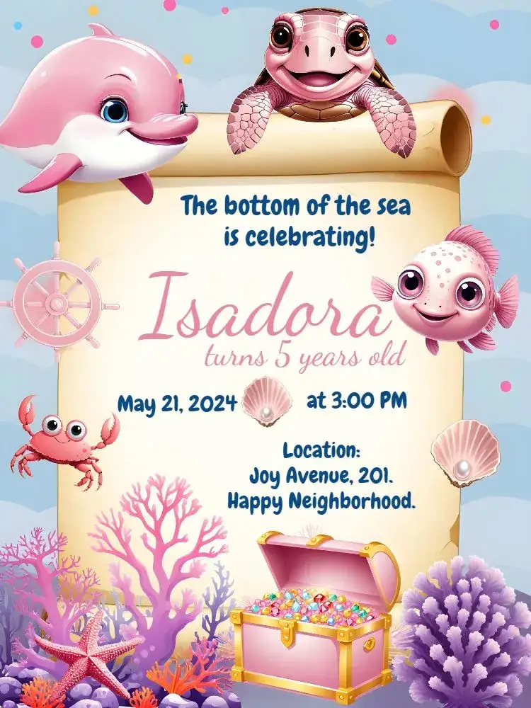Invitation Under the Sea Shell – Kids' Birthday Party theme under the sea, soft colors, marine elements, fun illustrations, playful style