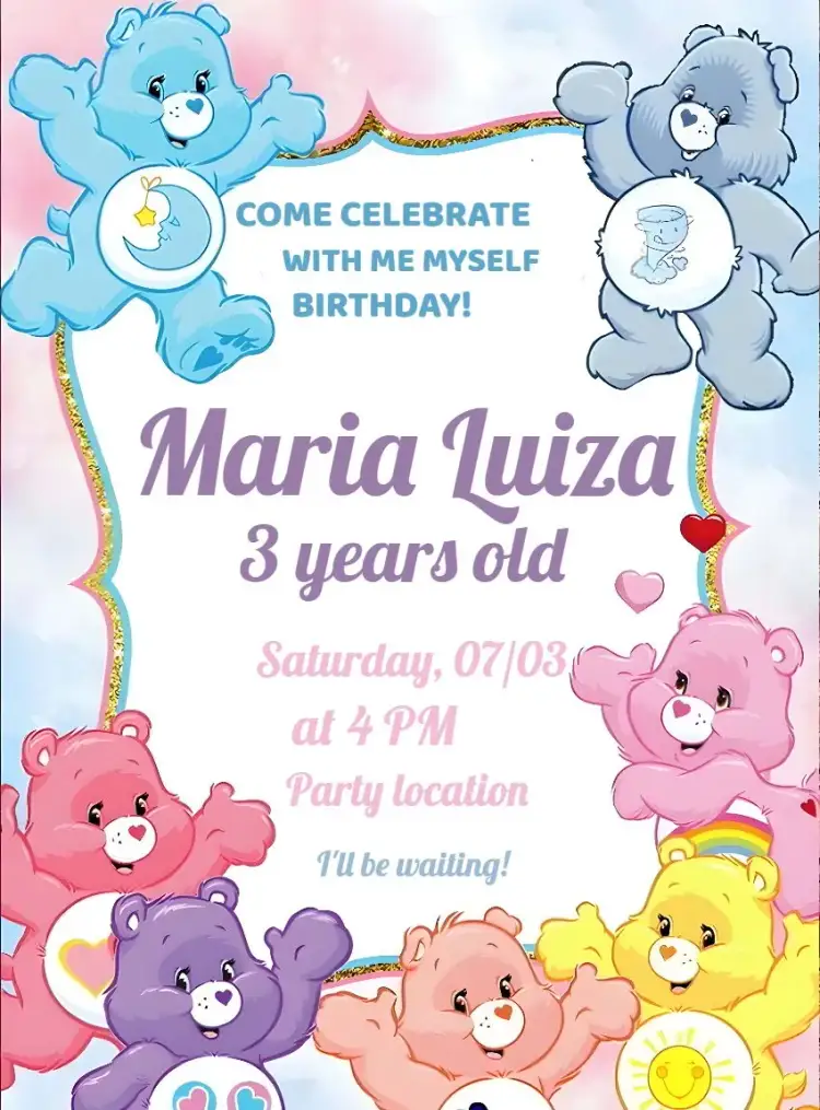 Invitation Colorful Care Bears – Kids' Birthday Party theme colorful, fun, childish, cute, themed