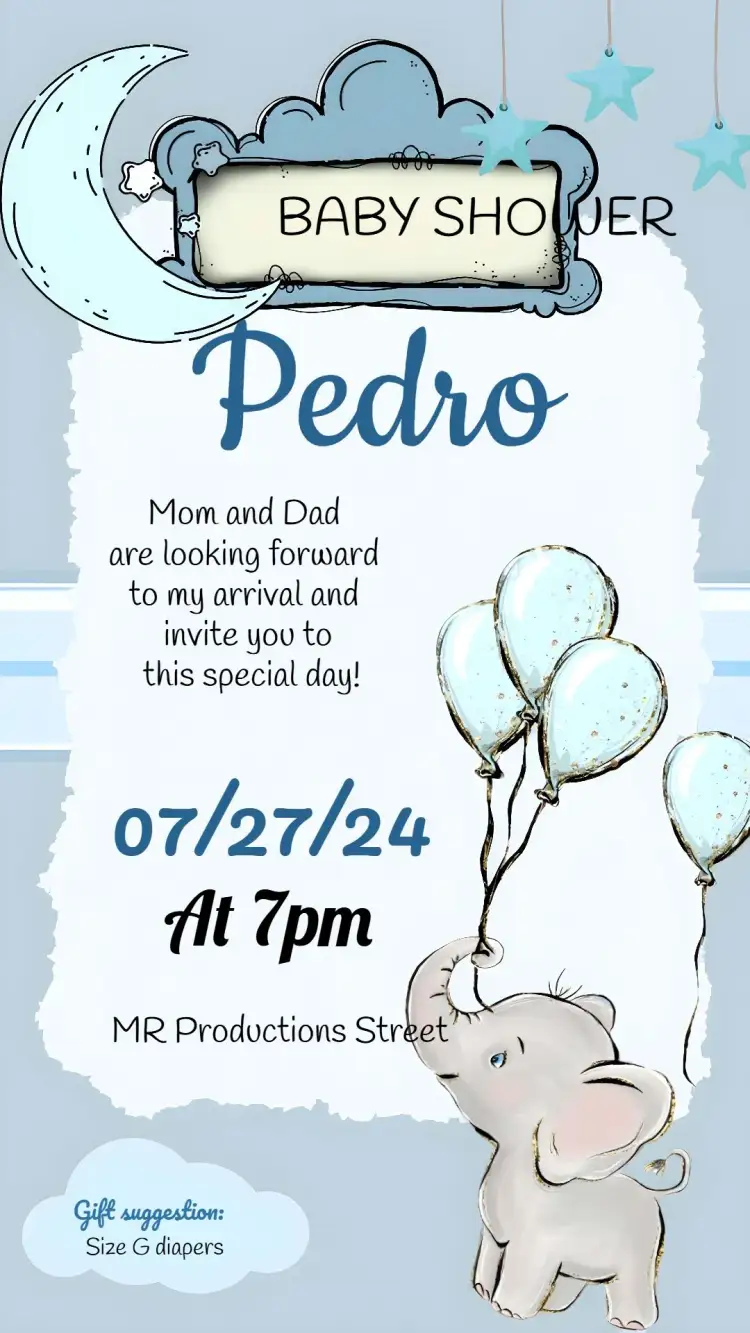 Invitation Elephant Baby Shower – Diaper Shower theme blue, elephant, balloons, glitter, children