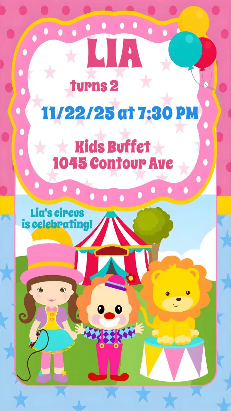 Invitation Pink Circus – Kids' Birthday Party theme pink, circus-themed, fun-filled, colorful, playful