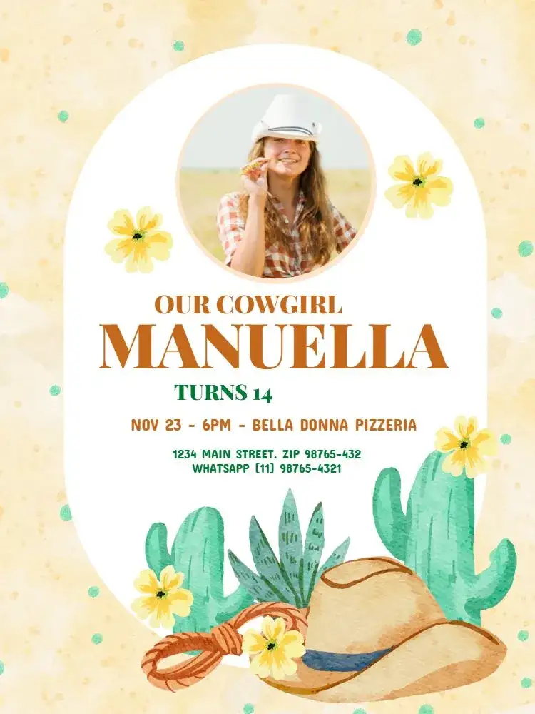 Invitation Cowgirl With Yellow Cactus Photo – Kids' Birthday Party theme boho, floral, rustic, colorful, fun, themed