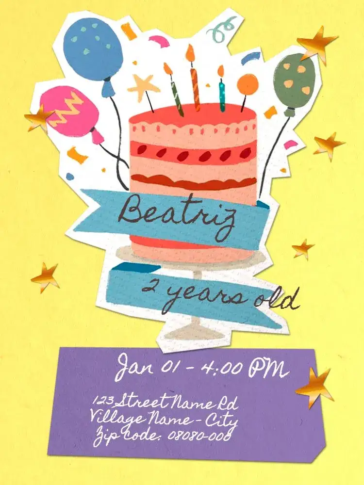 Invitation Children's Cake Collage – Kids' Birthday Party theme colorful, fun, stars, collage, delicate, childlike