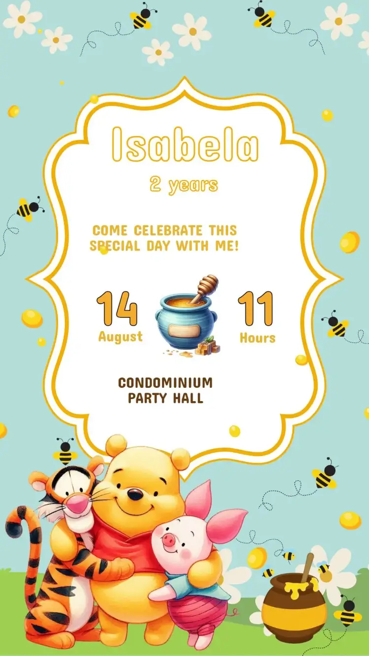 Invitation Winnie the Pooh Birthday Invitation – Kids' Birthday Party theme colorful, childlike, playful illustrations, cartoon style, forest theme, fun