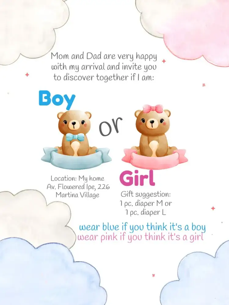 Invitation Teddy Bears Gender Reveal Tea Party – Gender Reveal theme soft colors, playful style, graphic elements of teddy bears, pink and white, modern design, baby theme