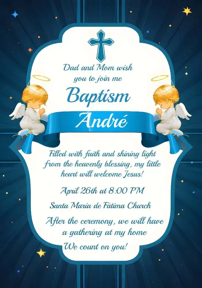 Invitation Boy Baptism Banner – Baptism theme blue, white, golden, angels, minimalist, elegant