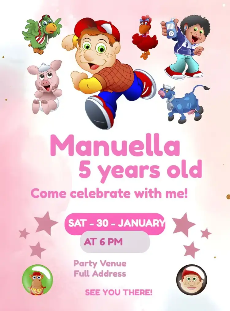 Invitation Cocoricó Girl – Kids' Birthday Party theme pink, white, rural, colorful, fun, childlike