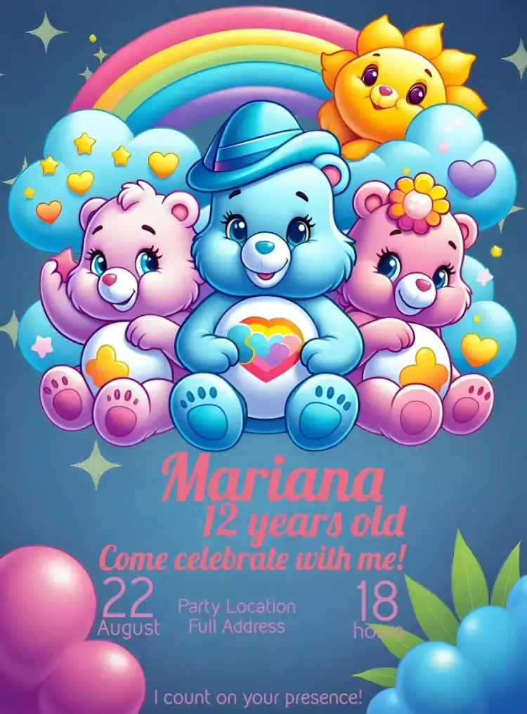 Invitation Colorful Care Bears – Kids' Birthday Party theme colorful, playful, fun, childlike, cute