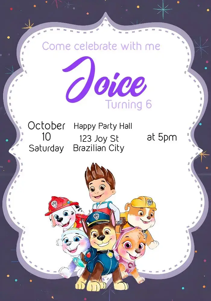 Invitation Purple Paw Patrol – Kids' Birthday Party theme lilac, purple, watercolor, fun, childlike, themed