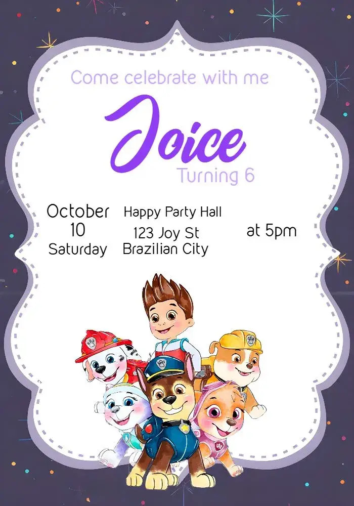 Purple Paw Patrol invitation