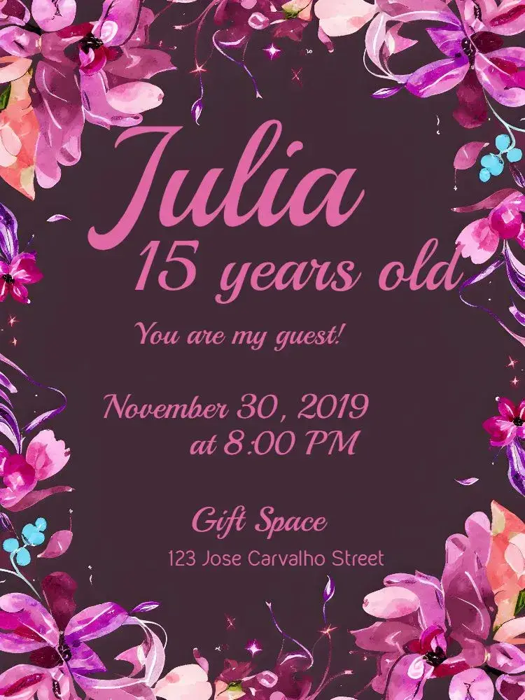 Floral 15 Years - Black And Pink Arch invitation