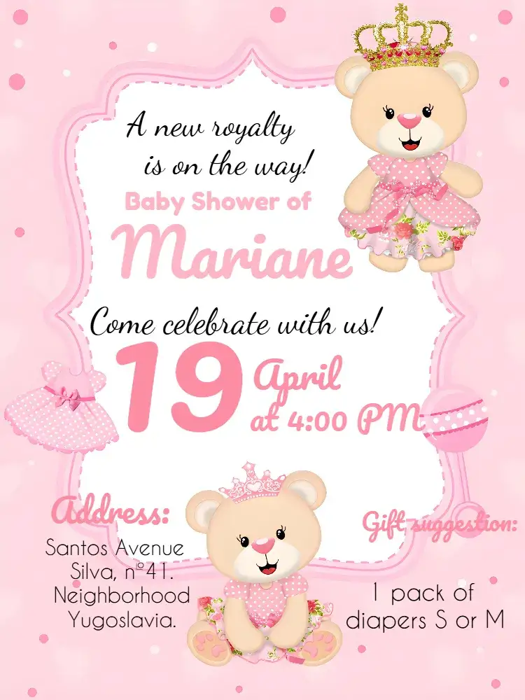 Invitation Princess Teddy Bear Baby Shower – Most searched for theme pink, white, royalty, teddy bear, crown, castle
